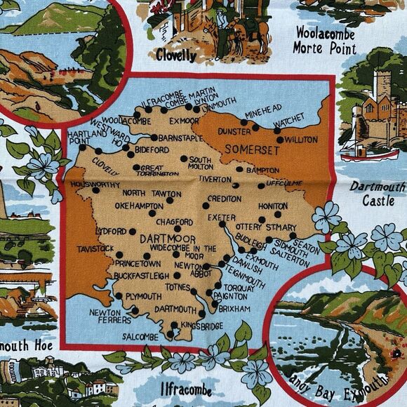 Devon England Tea Towel 20 x 30" Map Landmarks Combe Martin Dartmouth Castle - Picture 5 of 7